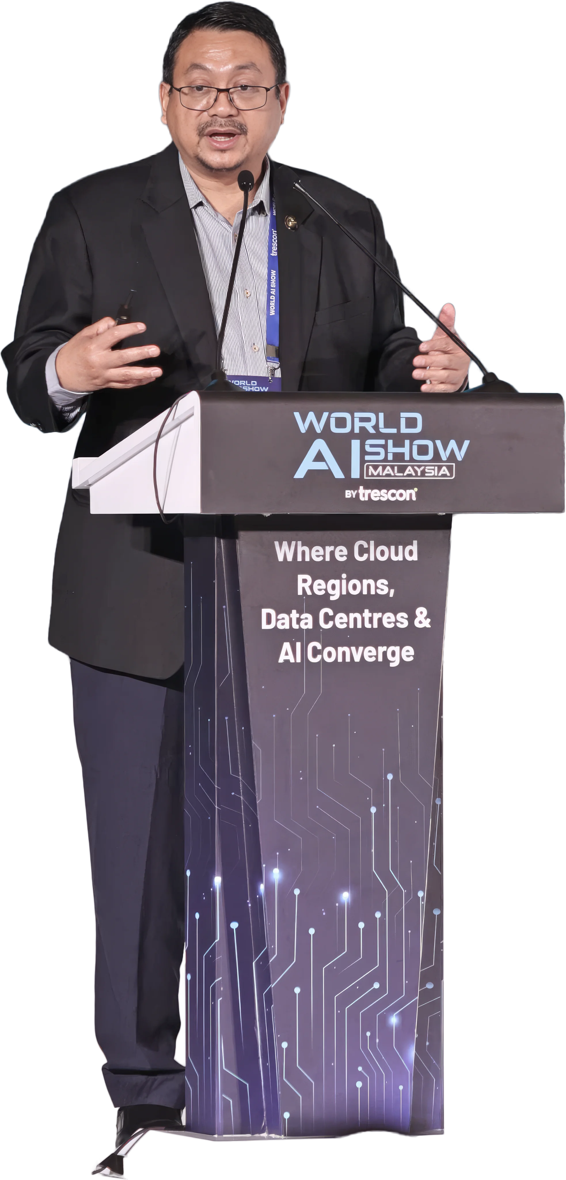 Speaker presenting on stage at World AI Show Indonesia